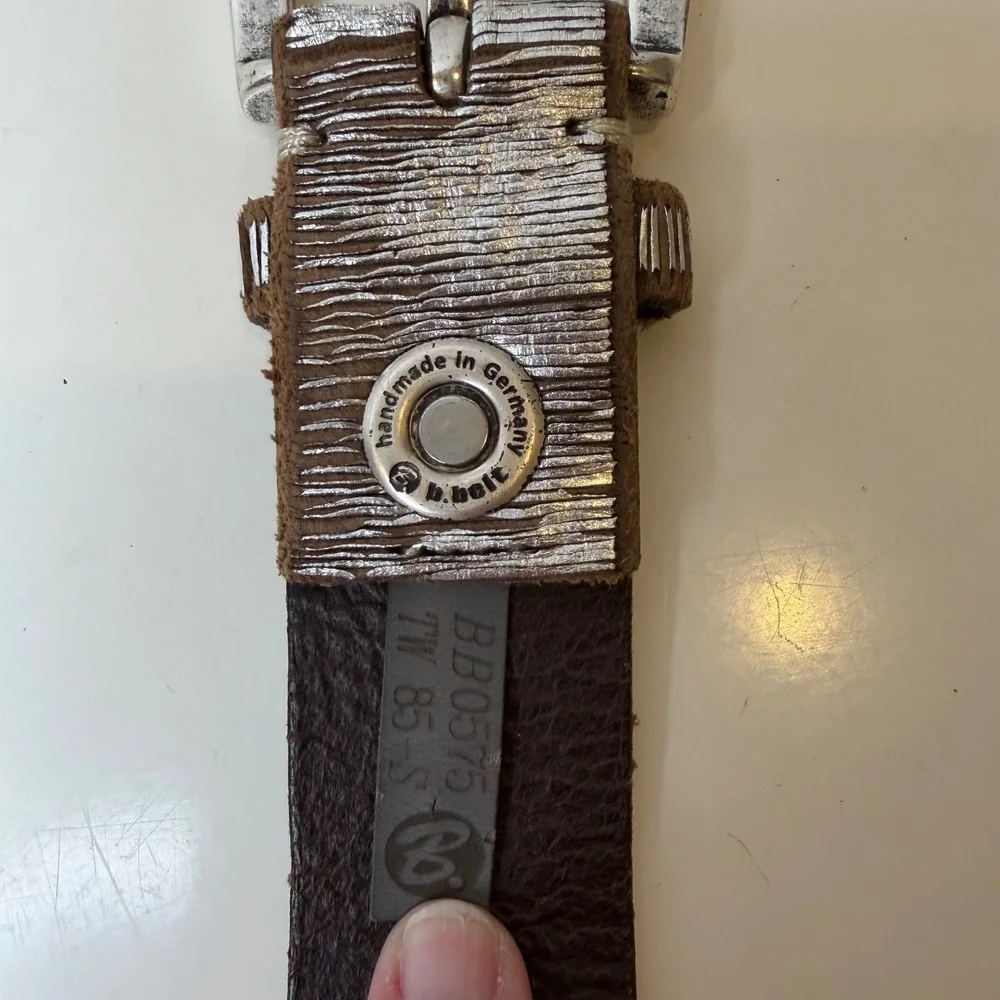 b.belt Leather Belt Womens Silver Brown Textured Handmade Germany 85